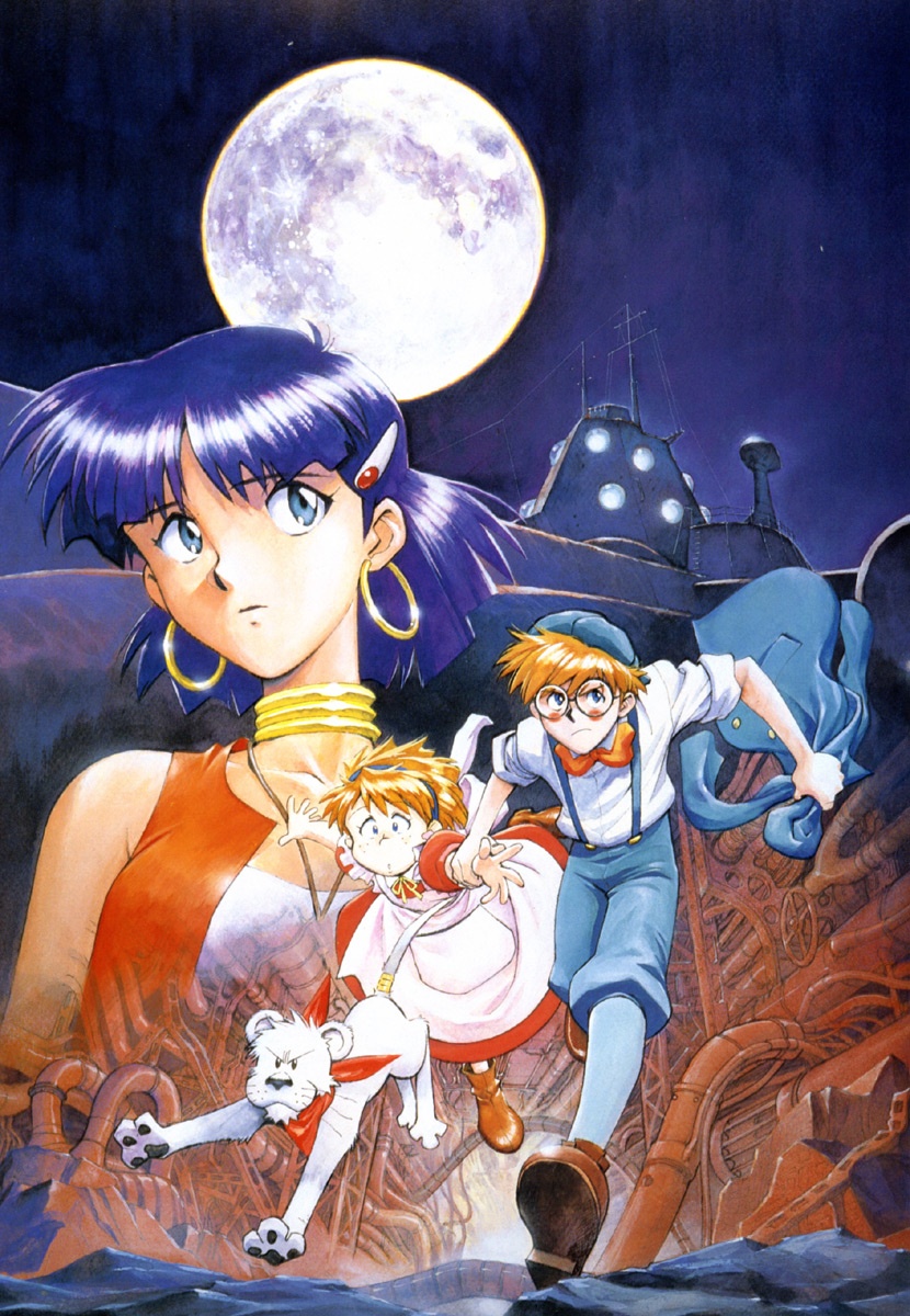 sadamoto yoshiyuki, jean roque lartigue, jean roque raltique, king (nadia), marie en carlsberg, nadia la arwall, nautilus, fushigi no umi no nadia, highres, scan, 1990s (style), 1boy, 2girls, bandeau, brown hair, dark scan, dark skin, earrings, glasses, hat, jewelry, king, lion, moon, multiple girls, neck ring, purple hair, short hair, strapless, tube top, vest