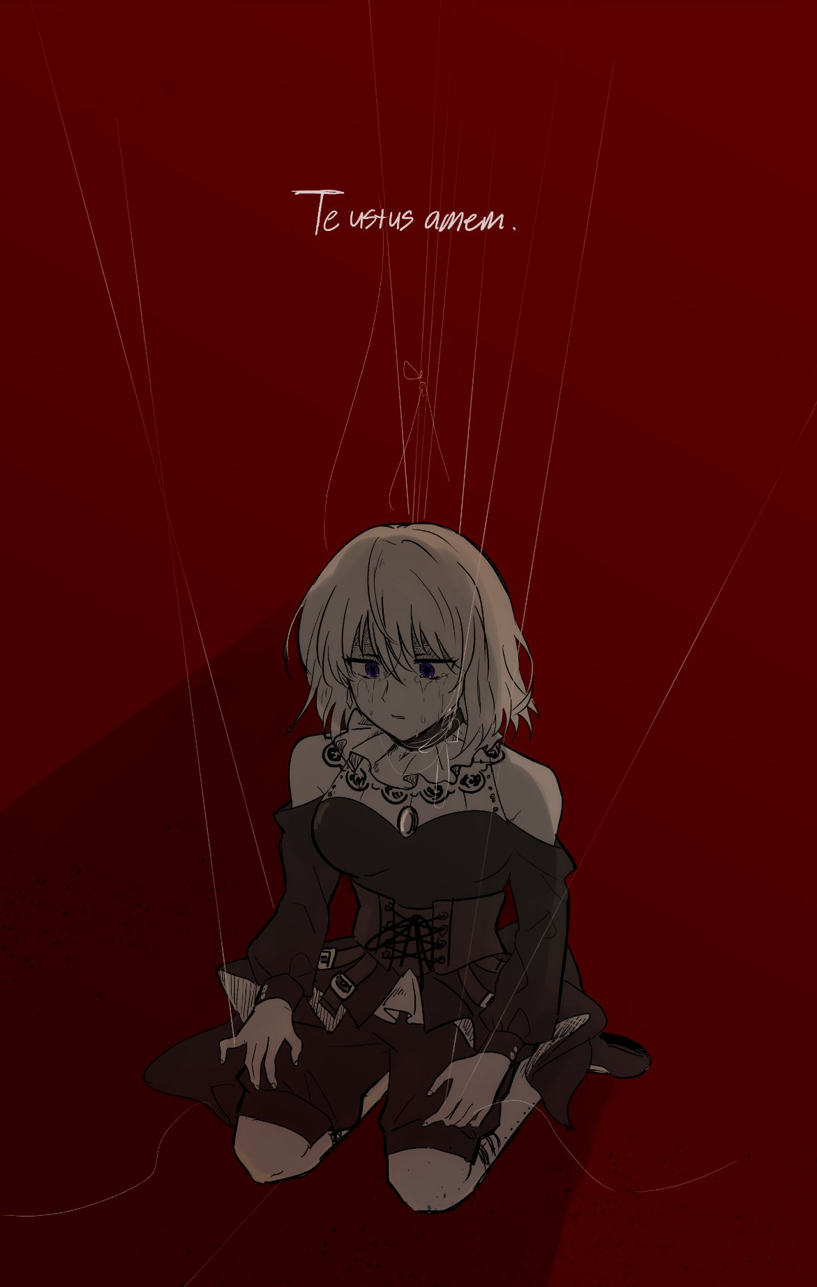 yrk ev, doloris (bang dream!), misumi uika, bang dream!, bang dream! it's mygo!!!!!, commentary request, highres, translation request, 1girl, black dress, blonde hair, clothing cutout, dress, kneeling, latin text, medium hair, parted lips, puppet strings, purple eyes, red background, red shorts, shorts, shoulder cutout, solo, tears