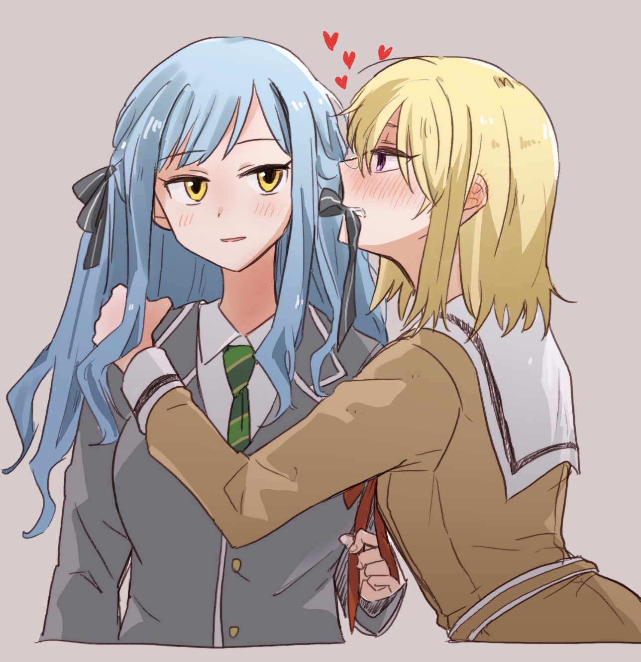 yrk ev, misumi uika, togawa sakiko, bang dream!, bang dream! it's mygo!!!!!, commentary request, highres, 2girls, black ribbon, blue hair, blush, brown dress, collared shirt, dress, green necktie, grey background, grey jacket, hair ribbon, hand on another's shoulder, heart, jacket, long hair, looking at viewer, mouth hold, multiple girls, necktie, parted lips, purple eyes, ribbon, ribbon in mouth, sailor collar, sailor dress, shirt, simple background, two side up, upper body, white sailor collar, white shirt, yellow eyes, yuri