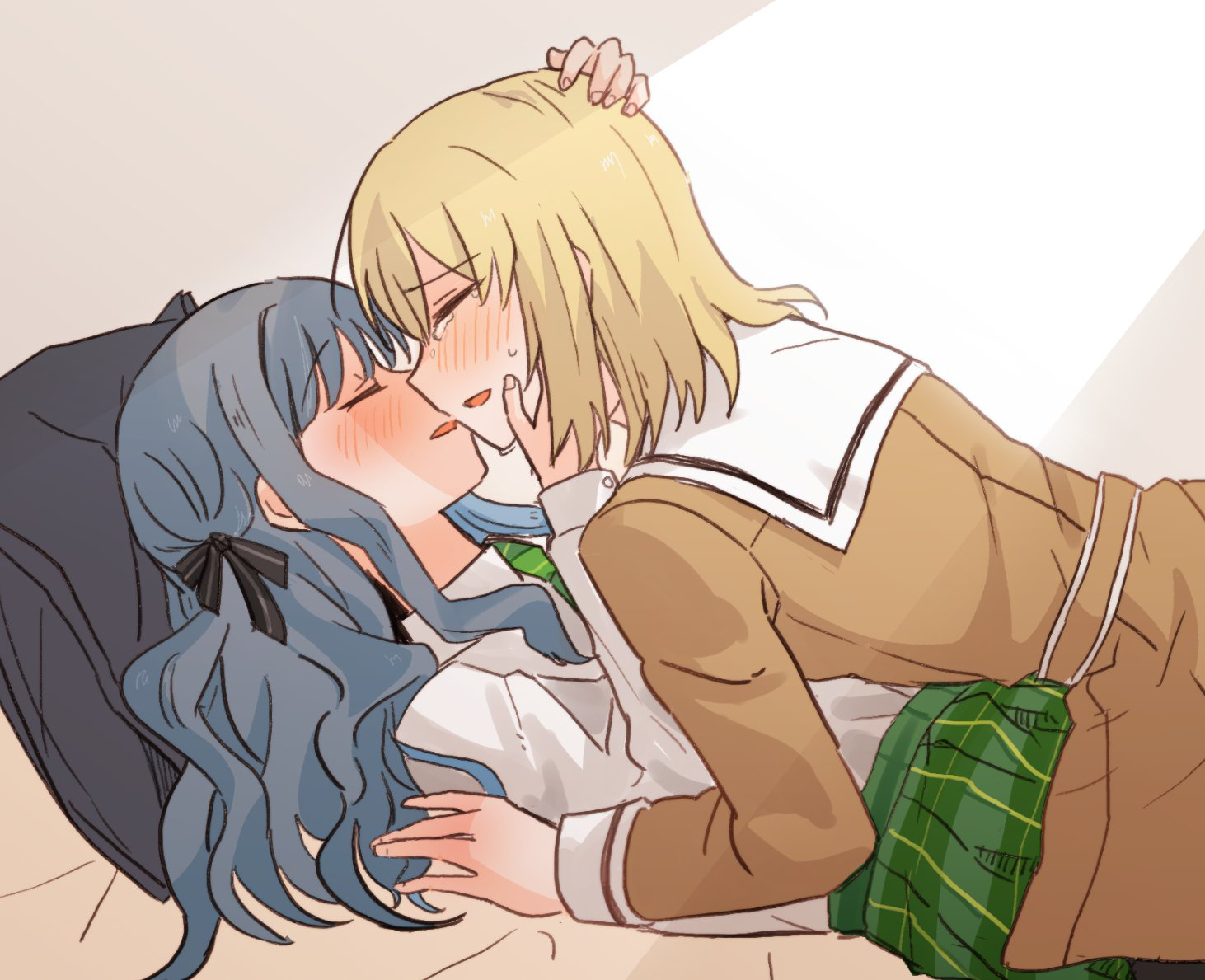 yrk ev, misumi uika, togawa sakiko, bang dream!, bang dream! it's mygo!!!!!, commentary request, 2girls, black ribbon, blonde hair, blush, brown dress, closed eyes, dress, green skirt, hair ribbon, hand on another's head, long sleeves, medium hair, multiple girls, parted lips, plaid clothes, plaid skirt, pleated skirt, ribbon, sailor collar, sailor dress, shirt, skirt, tears, white sailor collar, white shirt, yuri