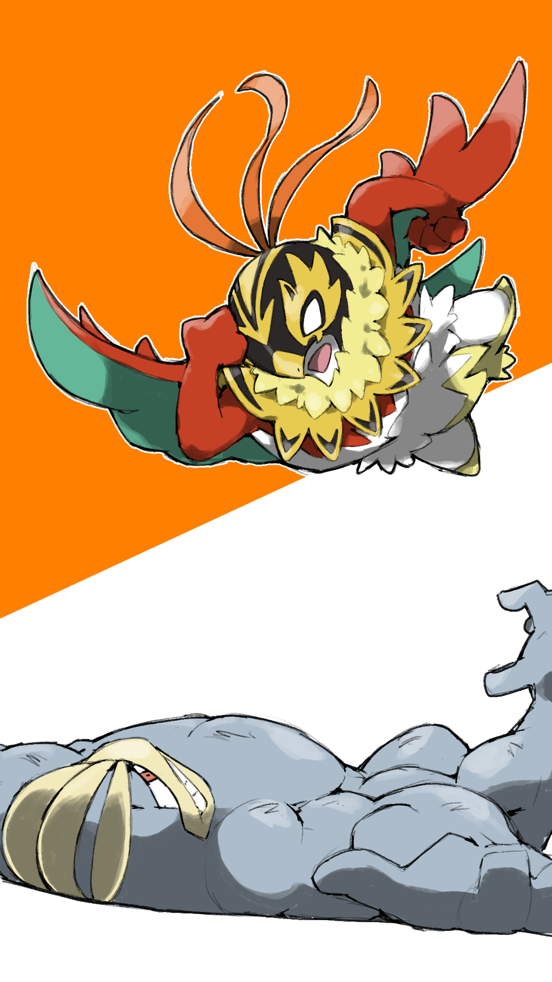 blacknirrow, hawlucha, machamp, mega hawlucha, nintendo, pokemon, commentary, highres, clenched hands, elbow drop, extra arms, gen 1 pokemon, gen 6 pokemon, lying, mega pokemon, muscular, no pupils, on back, open mouth, outline, pokemon (creature), pokemon focus, red eyes, simple background, teeth, two-tone background, white outline