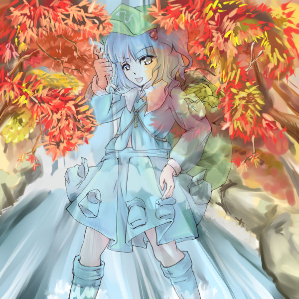 sayuu hanten, kawashiro nitori, touhou, 1girl, autumn leaves, backpack, bag, blue eyes, blue hair, boots, female focus, hair bobbles, hair ornament, hat, key, leaf, looking at viewer, matching hair/eyes, pocket, river, skirt, smile, solo, tools, two side up, water, waterfall