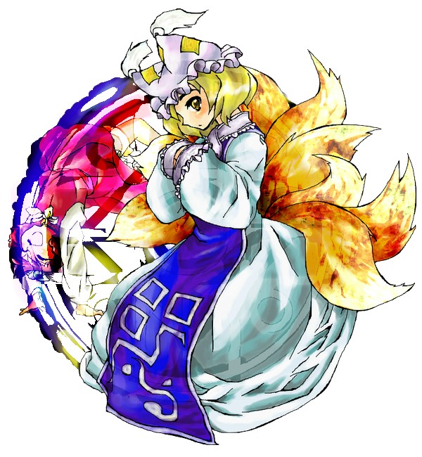 kinosaki, chen, yakumo ran, touhou, 2girls, animal hat, blonde hair, blush, brown eyes, female focus, fox tail, full body, hat, long sleeves, mob cap, multiple girls, multiple tails, ofuda, simple background, tabard, tail, white background