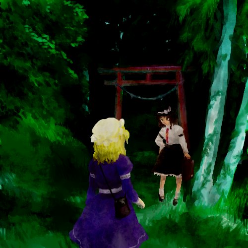 kinosaki, maribel hearn, usami renko, ghostly field club, touhou, lowres, 2girls, arch, blonde hair, blue dress, brown eyes, brown hair, collared shirt, dress, fedora, female focus, hat, long sleeves, multiple girls, night, night sky, shirt, short hair, sky, standing, star (sky), starry sky, torii, white shirt