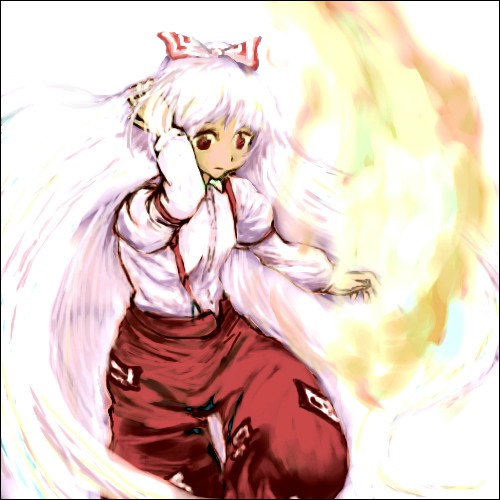kinosaki, fujiwara no mokou, touhou, lowres, 1girl, arm up, female focus, fire, hand in own hair, long sleeves, looking at viewer, ofuda, pants, simple background, solo, suspenders, thigh gap, white background