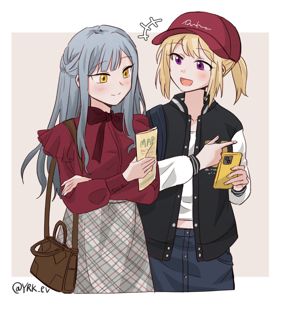 yrk ev, misumi uika, togawa sakiko, bang dream!, bang dream! it's mygo!!!!!, commentary request, highres, 2girls, bag, black jacket, blonde hair, blue hair, border, cellphone, closed mouth, grey skirt, handbag, holding, holding map, holding phone, jacket, long hair, long sleeves, map, multiple girls, open mouth, outside border, phone, pink background, plaid clothes, plaid skirt, ponytail, purple eyes, red shirt, shirt, simple background, skirt, smartphone, smile, white border, white shirt, yellow eyes