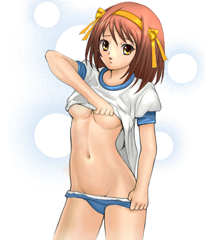 kouhei (sxmas), suzumiya haruhi, suzumiya haruhi no yuuutsu, 00s, 1girl, breasts, brown hair, buruma, buruma pull, clothes lift, clothes pull, female focus, gonzalo, gym uniform, navel, no bra, panties, panty pull, pulling own clothes, shirt lift, solo, underboob, underwear