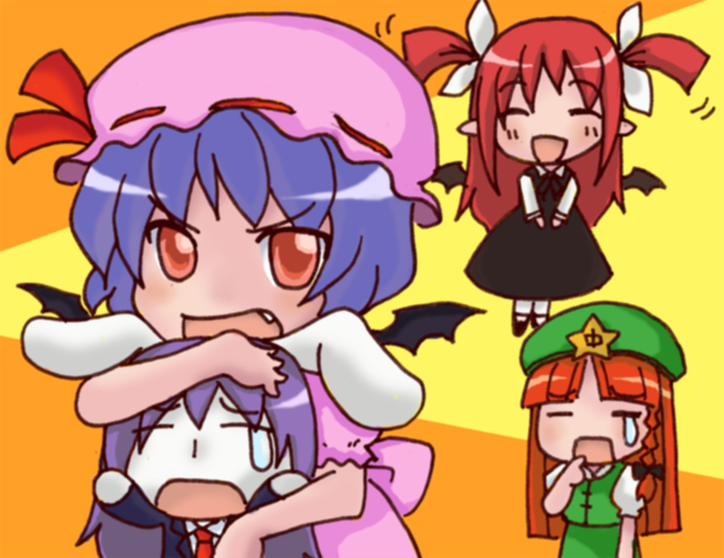 toto (hitori othello), hong meiling, koakuma, mesousa, reisen udongein inaba, remilia scarlet, embodiment of scarlet devil, pani poni dash!, touhou, 00s, 4girls, animal ears, chibi, dress, female focus, hat, multiple girls, pink hat, pointy ears, rabbit ears, skirt, tears, wings
