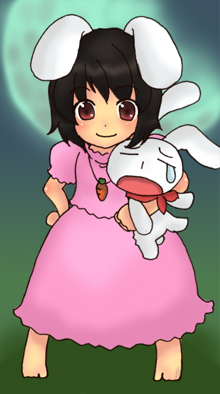 toto (hitori othello), inaba tewi, mesousa, pani poni dash!, touhou, 00s, 1girl, animal, animal ears, barefoot, black hair, carrot necklace, crossover, female focus, full body, full moon, holding, jewelry, legs apart, looking at viewer, moon, necklace, puffy short sleeves, puffy sleeves, rabbit, rabbit ears, red eyes, short sleeves, solo, standing
