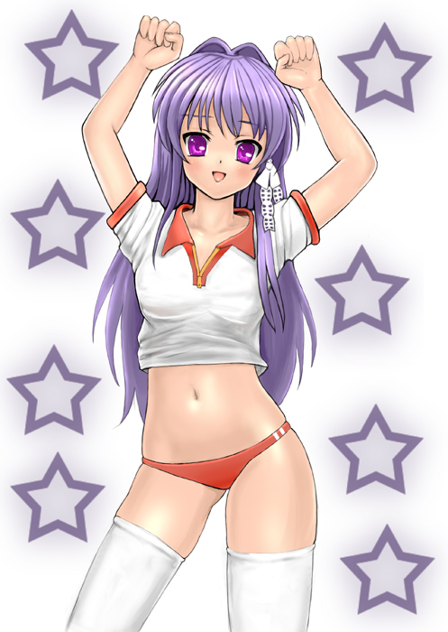 kouhei (sxmas), fujibayashi kyou, clannad, 00s, 1girl, caramelldansen, double vertical stripe, female focus, gym uniform, lowleg, lowleg panties, panties, purple eyes, purple hair, solo, thighhighs, underwear