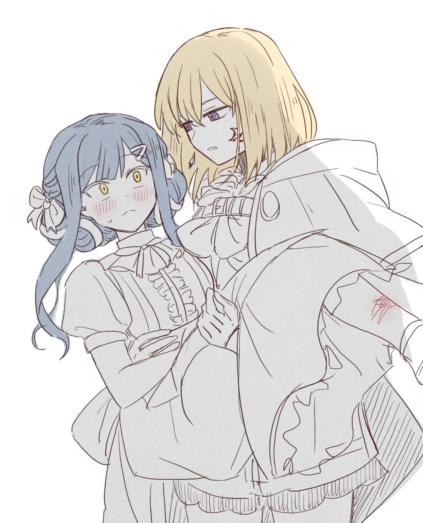 yrk ev, aver (yumenokessho), doloris (bang dream!), misumi uika, togawa sakiko, bang dream!, bang dream! it's mygo!!!!!, sweets paradise, commentary request, highres, 2girls, blonde hair, blue hair, blush, cape, carrying, closed mouth, dress, earrings, facial mark, greyscale, hair ornament, hairclip, jewelry, long hair, medium hair, monochrome, multiple girls, princess carry, purple eyes, simple background, spot color, sweatdrop, white background, yellow eyes, yumenokessho, yuri