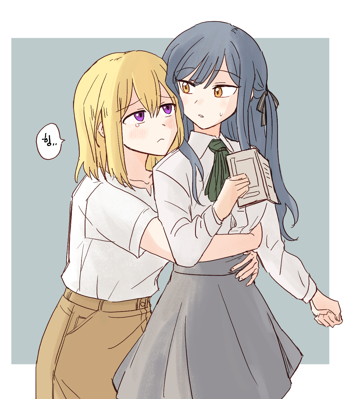 yrk ev, misumi uika, togawa sakiko, bang dream!, bang dream! it's mygo!!!!!, commentary request, highres, translation request, 2girls, ascot, black ribbon, blonde hair, blue background, blue hair, book, border, brown skirt, collared shirt, green ascot, grey skirt, hair ribbon, holding, holding book, hug, hug from behind, korean text, long hair, long sleeves, multiple girls, parted lips, purple eyes, ribbon, shirt, short sleeves, simple background, skirt, speech bubble, sweatdrop, tears, two side up, white border, white shirt, yellow eyes, yuri