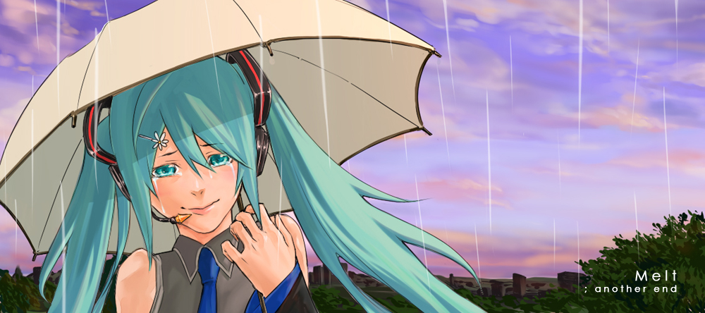 nibi (pixiv13862), hatsune miku, melt (vocaloid), vocaloid, bad id, bad pixiv id, 1girl, aqua eyes, aqua hair, female focus, headset, long hair, outdoors, rain, sky, solo, tears, twintails, umbrella