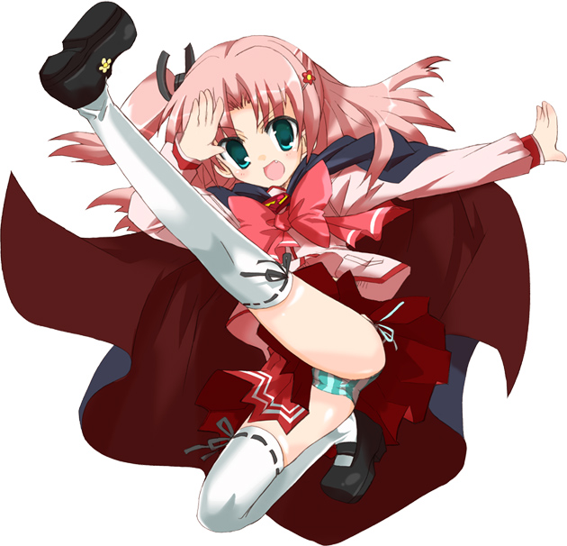 hizuki yayoi, maaryan (to heart), to heart (series), to heart 2, 00s, 1girl, cape, female focus, green eyes, long hair, panties, pink hair, ribbon-trimmed legwear, ribbon trim, school uniform, serafuku, solo, striped clothes, striped panties, thighhighs, underwear, upskirt