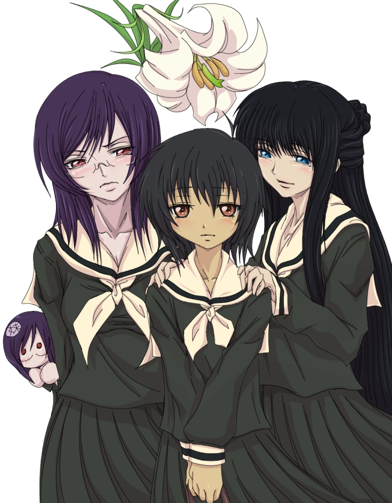 madhatter hello, marina ismail, setsuna f. seiei, tieria erde, gundam, gundam 00, maria-sama ga miteru, 1boy, 3girls, black hair, dress, green dress, long hair, long sleeves, looking at viewer, multiple girls, neckerchief, parody, purple hair, red eyes, sailor collar, sailor dress, school uniform, serafuku, simple background, very long hair, white background, white neckerchief