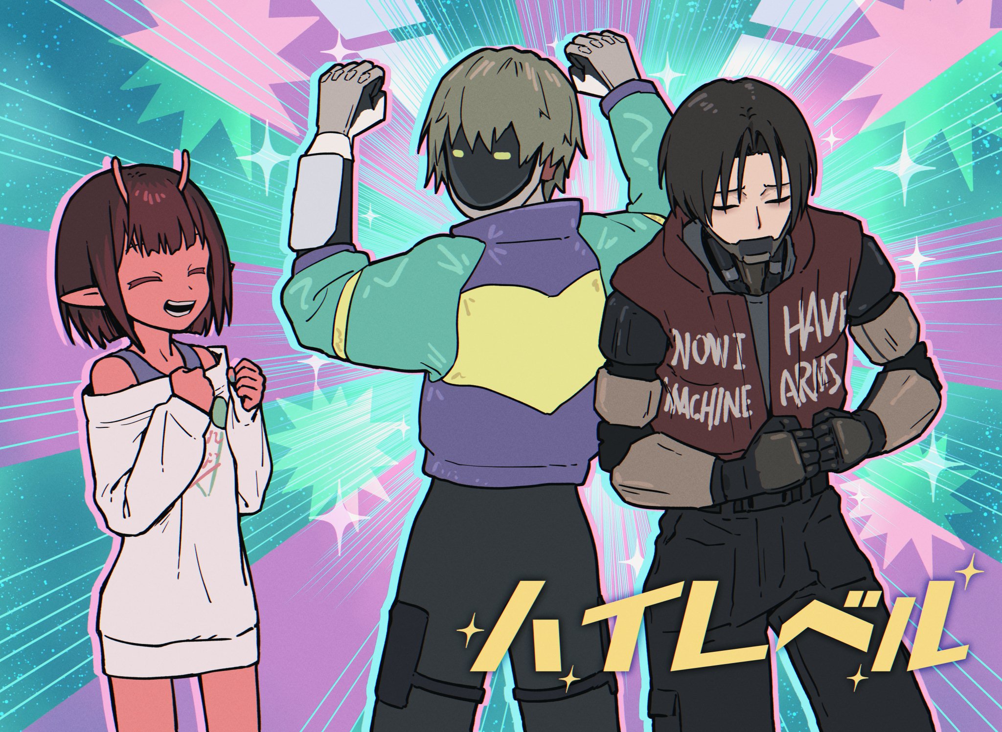 bullfalk, kujo chiharu, milky galactic universe, milky highway, character request, commentary request, highres, 1girl, 2boys, antennae, bare shoulders, black hair, black pants, clothes writing, colored skin, curtained hair, double biceps pose, flexing, green background, long shirt, long sleeves, mask, mechanical arms, multiple boys, off-shoulder shirt, off shoulder, pants, purple background, red skin, shirt, short hair, sleeves past wrists, sunburst, sunburst background, two-tone background, white shirt