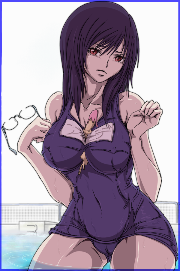 madhatter hello, tieria erde, gundam, gundam 00, 00s, 1girl, between breasts, breasts, cameltoe, covered erect nipples, curvy, female focus, genderswap, genderswap (mtf), glasses, large breasts, name tag, one-piece swimsuit, purple one-piece swimsuit, purple school swimsuit, red eyes, school swimsuit, sexually suggestive, solo, swimsuit, tears, wet