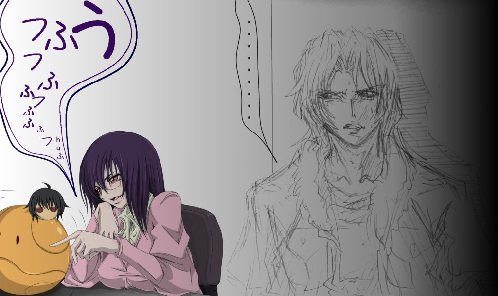 madhatter hello, haro, lockon stratos, setsuna f. seiei, tieria erde, gundam, gundam 00, 00s, 1boy, 1girl, :d, ahoge, ball, black hair, blush, breasts, collarbone, creature, dress, genderswap, genderswap (mtf), jacket, juliet sleeves, large breasts, long hair, long sleeves, open clothes, open jacket, open mouth, parted lips, pink dress, poking, puffy long sleeves, puffy sleeves, red eyes, smile, speech bubble, talking, text focus, upper body