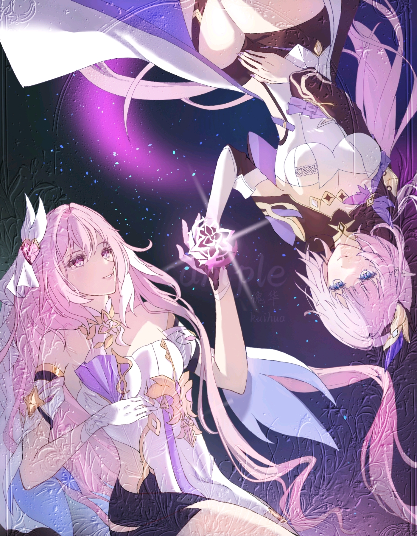 elysia (herrscher of human: ego) (honkai impact), elysia (honkai impact), elysia (miss pink elf) (honkai impact), honkai (series), honkai impact 3rd, chinese commentary, commentary request, commission, highres, 2girls, black shorts, blue eyes, breasts, cleavage, corset, diamond-shaped pupils, diamond (shape), dual persona, elf, hair ornament, large breasts, lispriat, long hair, multicolored hair, multiple girls, pink hair, pointy ears, purple eyes, sample watermark, short shorts, shorts, signet of ego, sky, smile, space, star (sky), starry sky, symbol-shaped pupils, triquetra, two-tone hair, veil, very long hair, watermark, white corset, white hair, white veil