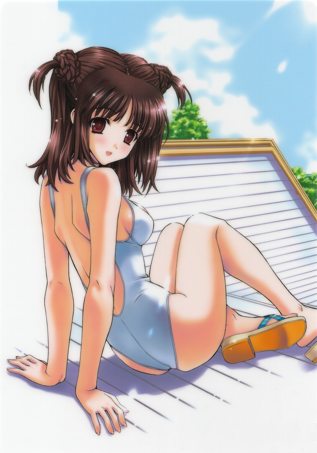 hasumi elan, highres, 1girl, arms behind back, back, blush, breasts, brown hair, casual one-piece swimsuit, double bun, female focus, hair bun, looking back, one-piece swimsuit, red eyes, rooftop, sandals, short twintails, sideboob, sitting, smile, solo, swimsuit, twintails
