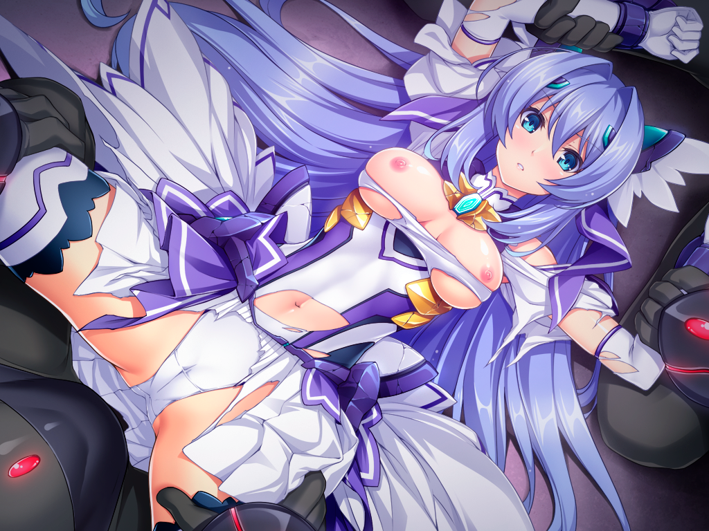 inoino, katsuragi marina, kouyoku senki exs-tia, game cg, non-web source, official art, 1girl, 2boys, arms up, blue eyes, blue hair, breasts, breasts out, brooch, cameltoe, celestia (exs-tia), chest jewel, crack, elbow gloves, gloves, hair intakes, hair ornament, hetero, holding another's wrist, imminent rape, jewelry, leg grab, long hair, looking at viewer, lying, magical girl, multiple boys, navel, nipples, on back, parted lips, restrained, shiny skin, skirt, solo focus, spread legs, thighhighs, torn clothes, torn gloves, torn skirt, underwear, very long hair, white gloves, wide spread legs