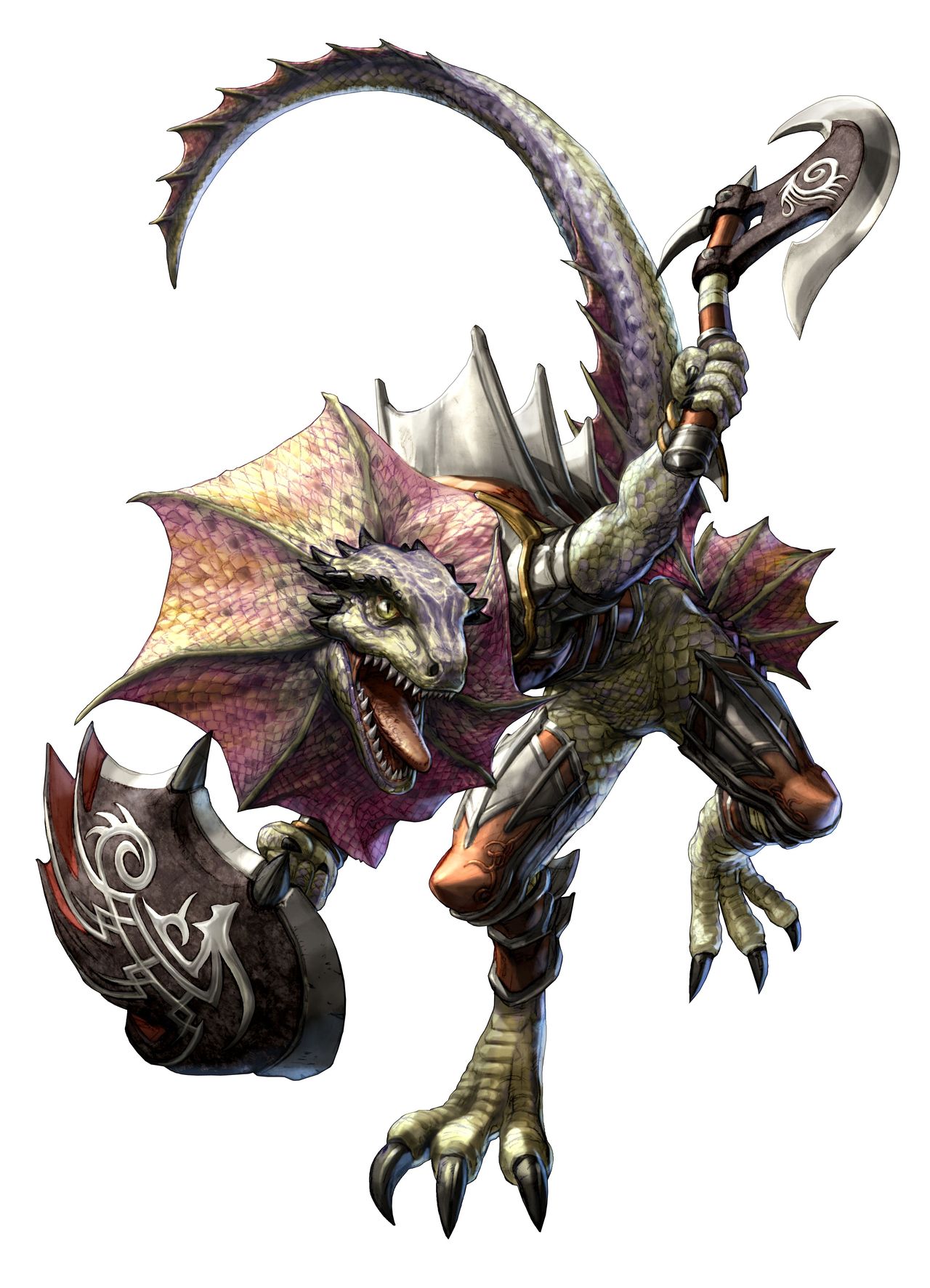 aeon calcos, lizardman (soulcalibur), namco, soul calibur, soulcalibur, soulcalibur iv, highres, axe, battle axe, claws, fins, furry, furry male, lizardman, shield, teeth, weapon