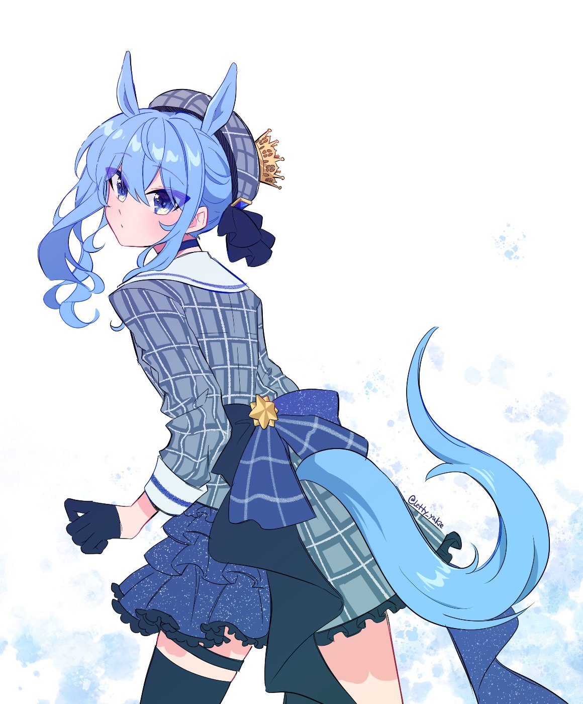 letty yukie, hoshimachi suisei, hololive, umamusume, highres, 1girl, animal ears, blue choker, blue eyes, blue hair, bracelet, choker, grey hat, hair ornament, hat, horse ears, horse girl, horse tail, jewelry, kemonomimi mode, plaid hat, side ponytail, star (symbol), star bracelet, star choker, star in eye, symbol in eye, tail, virtual youtuber