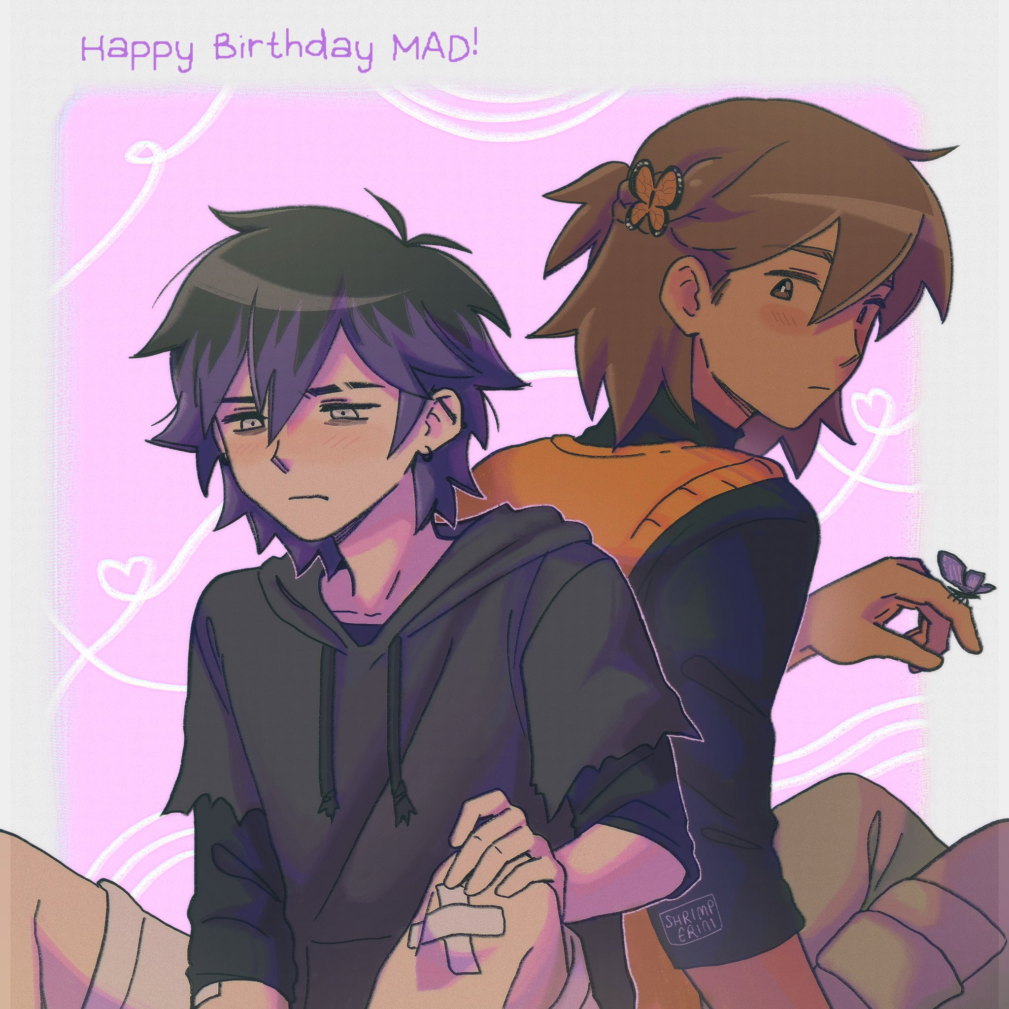 shrimperini, kel (faraway) (omori), kel (omori), sunny (omori), omori, highres, 2boys, alternate costume, alternate eye color, alternate hair color, alternate hairstyle, alternate universe, antenna hair, bandaid, bandaid on knee, bandaid on leg, barbell piercing, black hair, black hoodie, brown shorts, bug, butterfly, butterfly on hand, closed mouth, crossed bandaids, dark-skinned male, dark skin, double-parted bangs, ear piercing, gift art, hair between eyes, hood, hoodie, insect, male focus, multicolored hair, multiple boys, piercing, purple hair, short hair, short sleeves, shorts, sitting, two-tone hair, white eyes