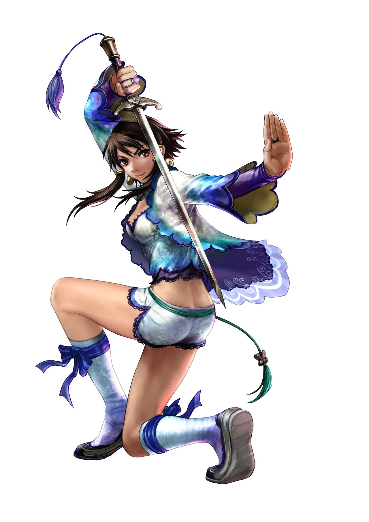 chai xianghua, namco, soul calibur, soulcalibur, soulcalibur iv, highres, 1girl, ass, brown eyes, brown hair, butt crack, female focus, jacket, jian (weapon), kneeling, on one knee, short hair, short shorts, shorts, solo, sword, weapon
