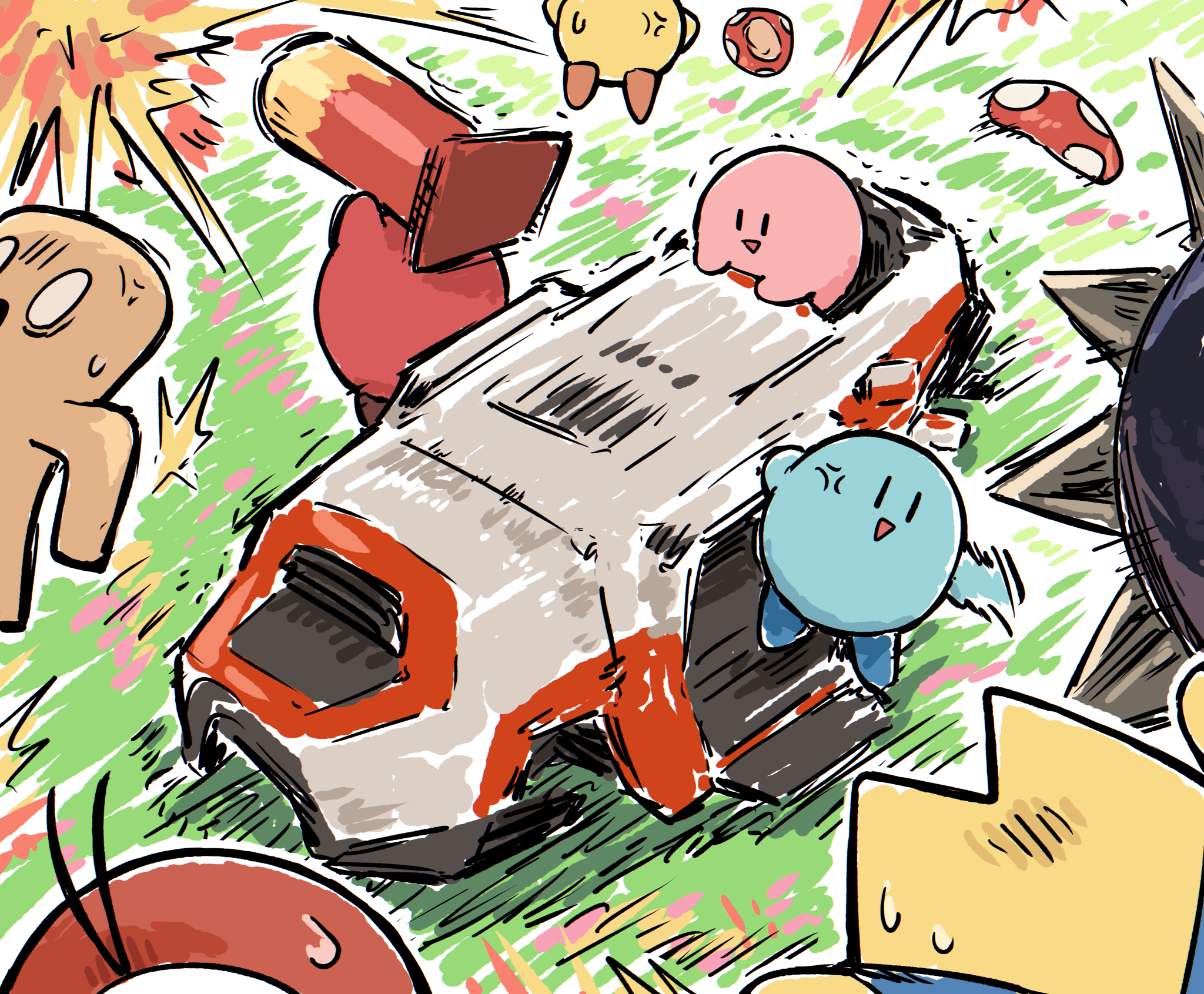 bullfalk, cappy (kirby), kirby, waddle doo, kirby (series), kirby air ride, kirby air riders, nintendo, commentary request, highres, :d, alternate color, anger vein, hanging, no humans, open mouth, smile, sweat, throwing, triangle mouth, trident (apex legends), | |