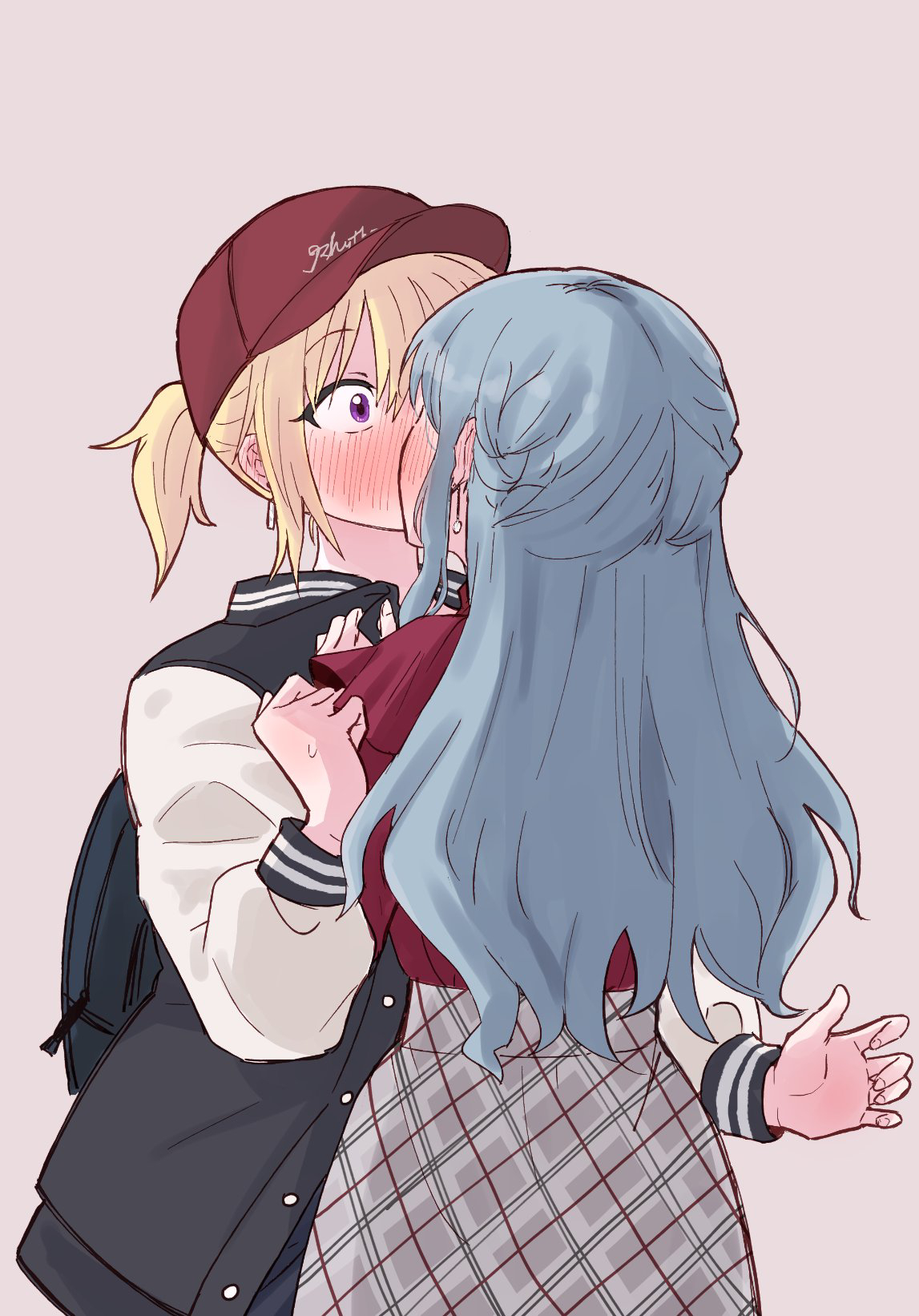 yrk ev, misumi uika, togawa sakiko, bang dream!, bang dream! it's mygo!!!!!, commentary request, highres, 2girls, baseball cap, black jacket, blue hair, blush, clothes grab, ear blush, grey skirt, hat, jacket, jacket grab, letterman jacket, long hair, multiple girls, pink background, plaid clothes, plaid skirt, ponytail, purple eyes, red hat, red shirt, shirt, simple background, skirt, white jacket, yuri