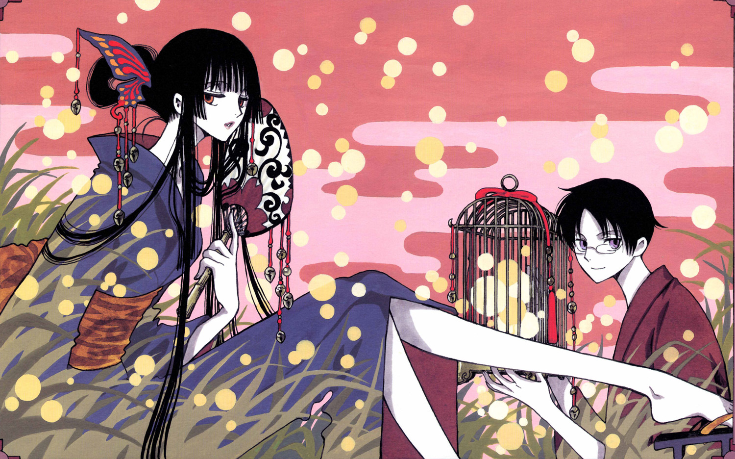 clamp, ichihara yuuko, watanuki kimihiro, xxxholic, official art, 00s, 1boy, 1girl, bell, black hair, blunt bangs, cage, egasumi, glasses, hand fan, hime cut, japanese clothes, kimono, paper fan, uchiwa