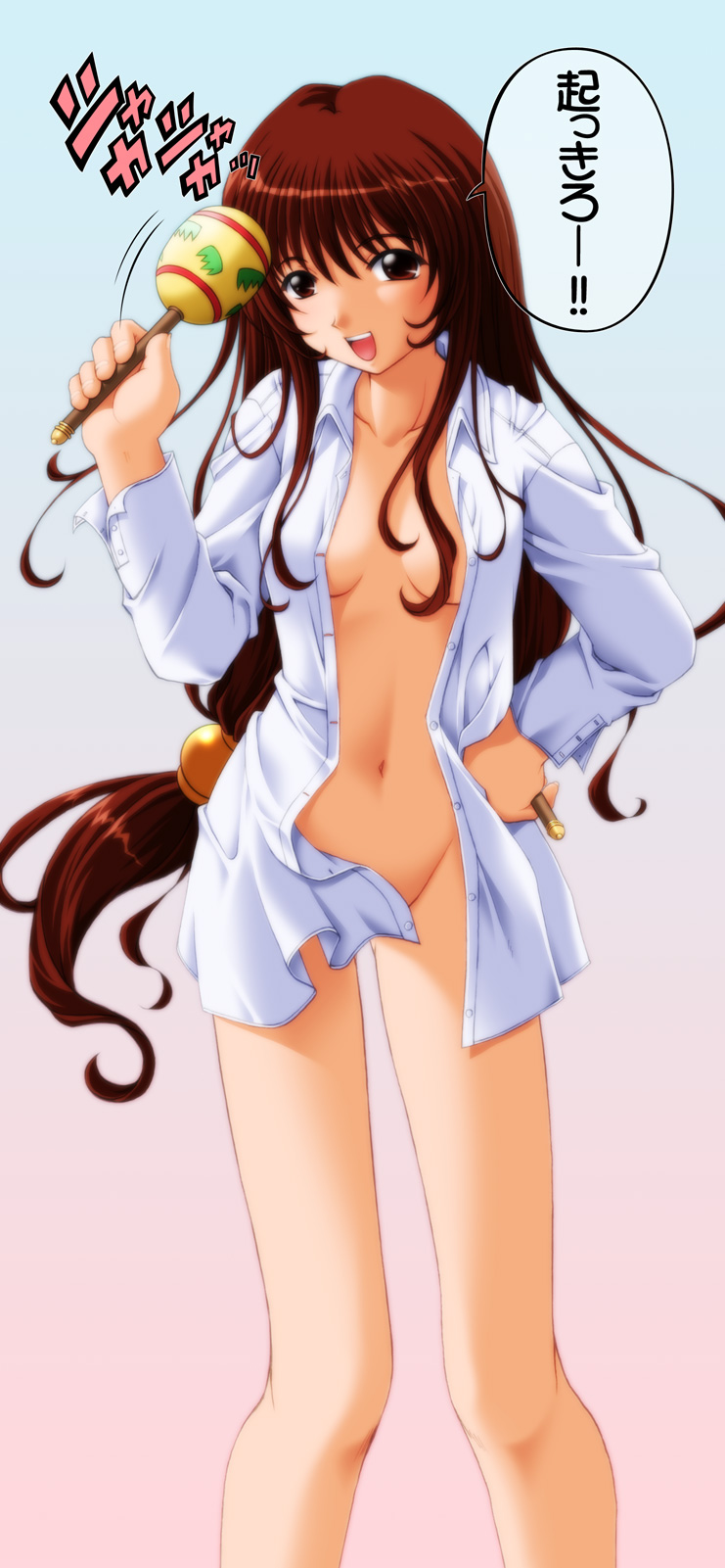 erica fontaine, sakura taisen, sakura taisen iii, highres, translated, 00s, 1girl, breasts, brown eyes, brown hair, female focus, instrument, long hair, low-tied long hair, maracas, naked shirt, no bra, no panties, open clothes, open shirt, shirt, solo, text focus