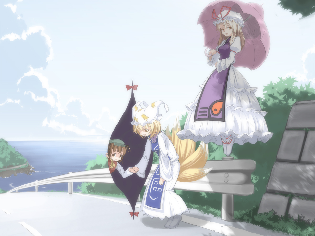 chen, yakumo ran, yakumo yukari, touhou, 3girls, animal hat, blonde hair, blue tabard, brown hair, cloud, day, dress, earrings, female focus, fox tail, gap (touhou), hat, highway, jewelry, long hair, long sleeves, mob cap, multiple girls, multiple tails, ocean, outdoors, purple tabard, shoes, short hair, sky, tabard, tail, tassel, umbrella, wide sleeves, yellow eyes