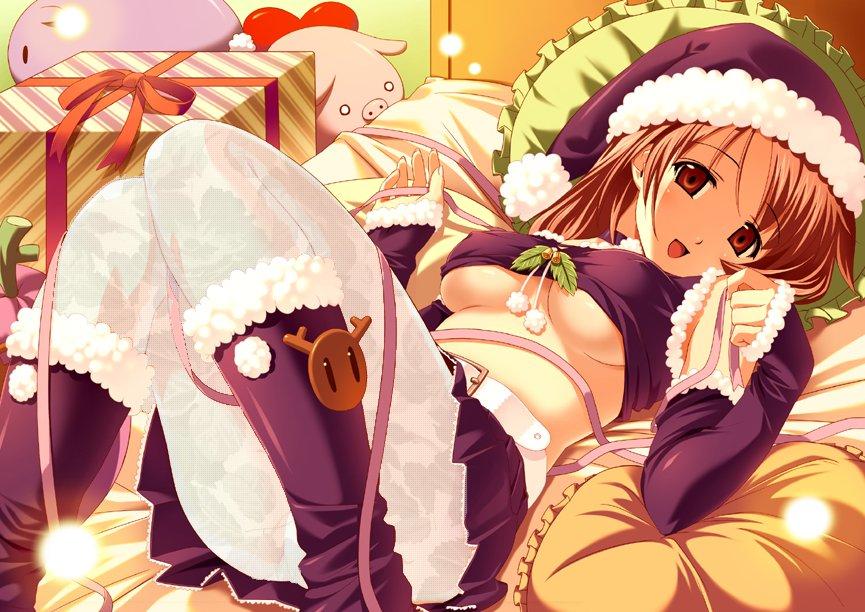 koutaro, original, jpeg artifacts, third-party edit, 1girl, bed, belt, black santa costume, boots, breasts, brown eyes, christmas, covered erect nipples, detached sleeves, female focus, gift, large breasts, lying, midriff, miniskirt, no bra, panties, panties under pantyhose, pantyhose, pantyshot, red hair, ribbon, santa costume, skirt, solo, stuffed animal, stuffed toy, underboob, underwear, upskirt, white pantyhose