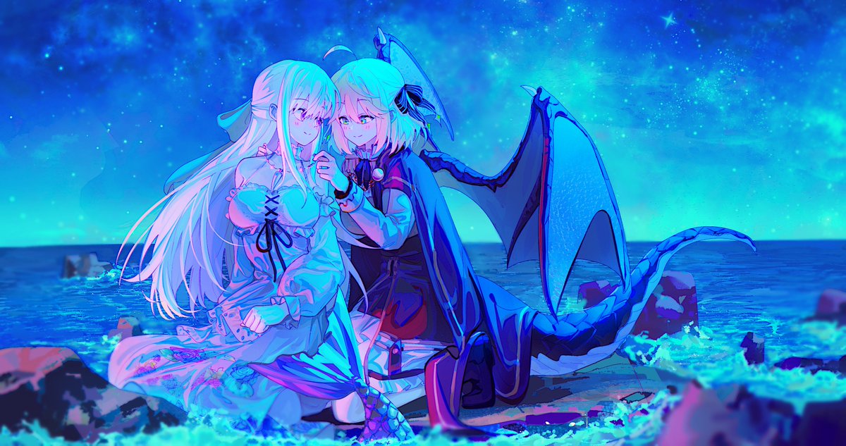 ydpfa, anisphia wynn palettia, euphyllia magenta, tensei oujo to tensai reijou no mahou kakumei, chinese commentary, commentary request, commission, second-party source, 2girls, ahoge, aqua eyes, black cape, black ribbon, blonde hair, blue ribbon, blush, breasts, cape, dragon girl, dragon tail, dragon wings, dress, hair ribbon, jewelry, kneeling, large breasts, long sleeves, medium hair, mermaid, monster girl, monsterification, multiple girls, necklace, night, ocean, outdoors, purple eyes, ribbon, rock, smile, star (sky), tail, white dress, white hair, wings, yuri