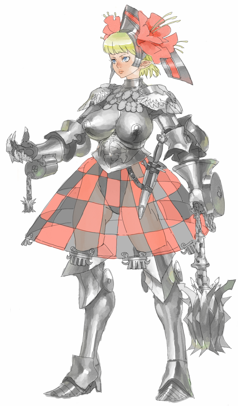 bael, bael (yiu23310), original, bad id, bad pixiv id, highres, 1girl, armor, blonde hair, blue eyes, boobplate, breastplate, couter, female focus, flower, knight, see-through clothes, see-through skirt, skirt, solo, weapon, white background