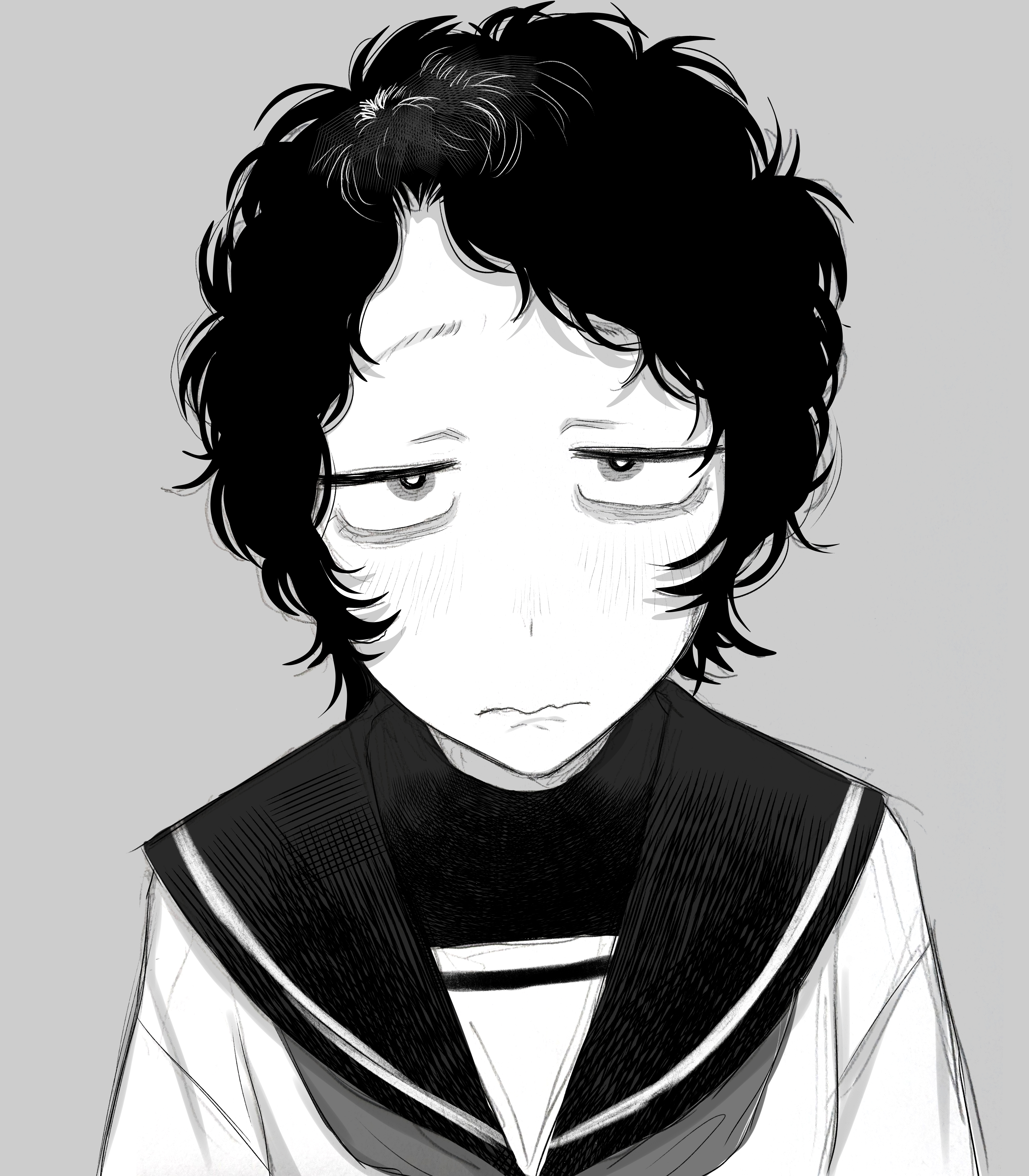 koma neko, original, absurdres, highres, 1girl, bags under eyes, greyscale, jimiko, looking at viewer, messy hair, monochrome, sailor collar, school uniform, short hair, simple background, solo, upper body