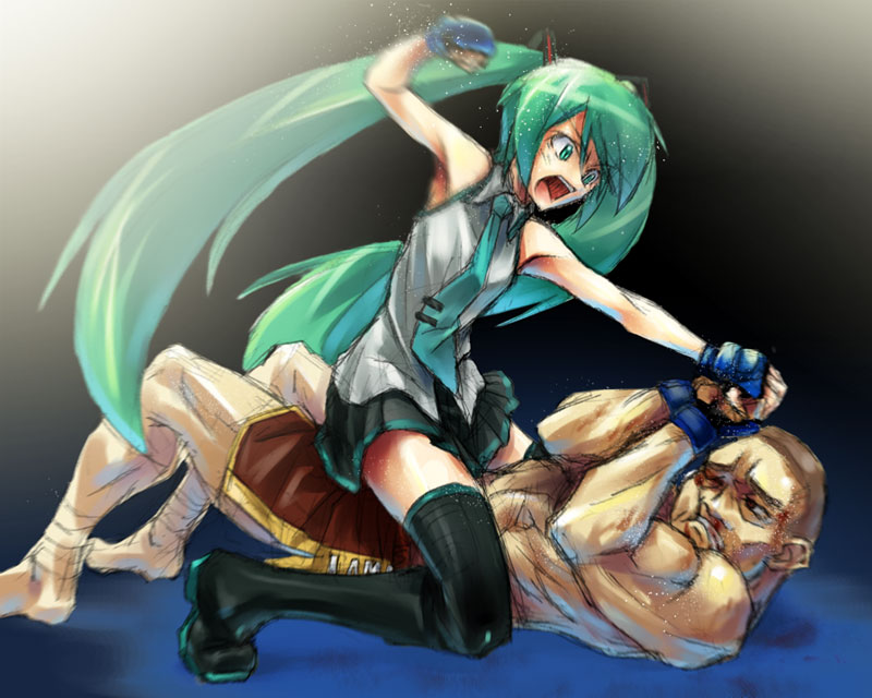 tsuki hiro, hatsune miku, vocaloid, 1boy, 1girl, armpits, beating, blood, breasts, bruise, fighting, fingerless gloves, girl on top, gloves, green eyes, green hair, injury, long hair, miniskirt, mixed martial arts, motion blur, mounted punching, necktie, open mouth, pain, punching, screaming, skirt, small breasts, straddling, sweat, thighhighs, thighs, twintails, very long hair