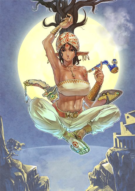 ishibashi yosuke, original, 1girl, black hair, dark-skinned female, dark elf, dark skin, elf, female focus, full moon, holding, holding smoking pipe, indian style, moon, pointy ears, sandals, sitting, smoking pipe, solo, strapless, sword, tube top, weapon
