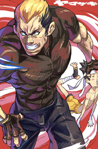 hirowonori, joe higashi, yamazaki ryuuji, fatal fury, snk, the king of fighters, 2boys, = =, abs, angry, ankle wrap, bandaged hand, bandaged leg, black gloves, black hair, black pants, black shirt, blonde hair, clenched teeth, fingerless gloves, gloves, hachimaki, hand on another's head, head grab, headband, higashi joe, male focus, multicolored hair, multiple boys, muscular, no shoes, open mouth, pants, red background, red eyes, ribs, scar, shirt, shorts, teeth, tight shirt, topless male, two-tone hair, wrist wrap, yellow shorts