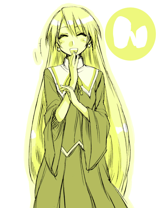 mikami komata, mikami konu, nekane springfield, mahou sensei negima!, 00s, 1girl, closed eyes, female focus, long hair, monochrome, numbered, open mouth, smile, solo, yellow theme