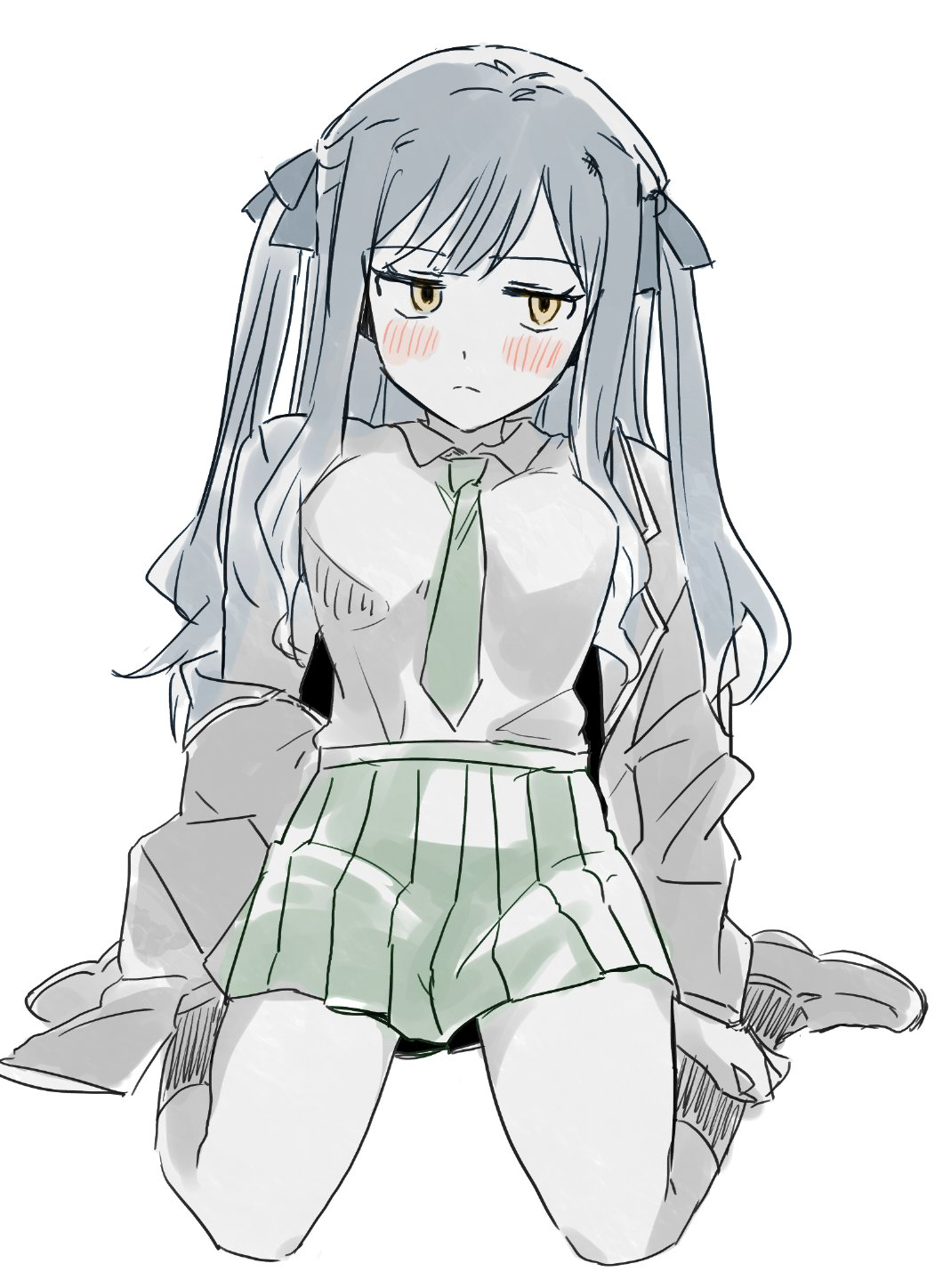 yrk ev, togawa sakiko, bang dream!, bang dream! it's mygo!!!!!, commentary request, highres, 1girl, blue hair, blush, closed mouth, collared shirt, green necktie, green skirt, haneoka school uniform, long hair, necktie, pleated skirt, school uniform, shirt, simple background, sitting, skirt, solo, two side up, wariza, white background, white shirt, yellow eyes
