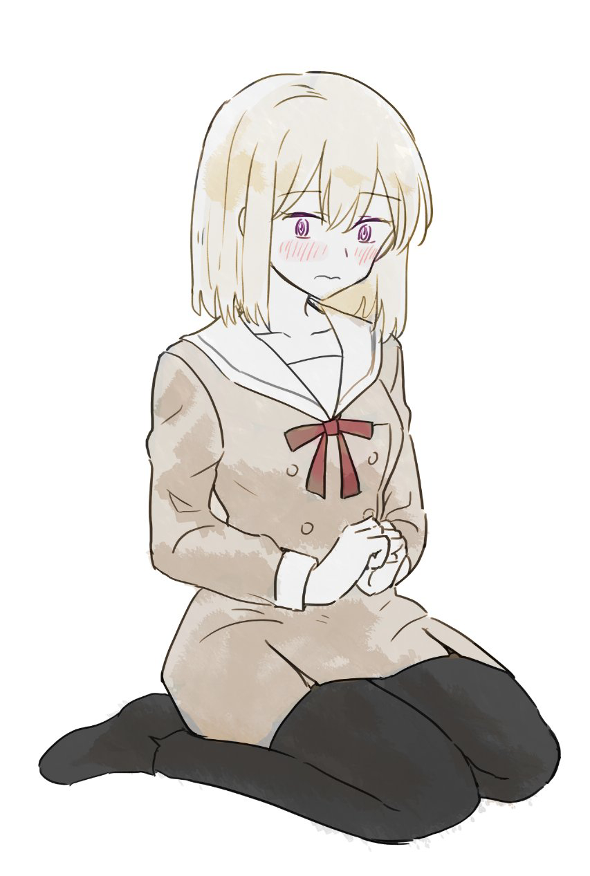 yrk ev, misumi uika, bang dream!, bang dream! it's mygo!!!!!, commentary request, highres, 1girl, black pantyhose, blonde hair, blush, brown dress, closed mouth, dress, hanasakigawa school uniform, long sleeves, medium hair, own hands together, pantyhose, purple eyes, sailor collar, sailor dress, school uniform, simple background, solo, white background, white sailor collar