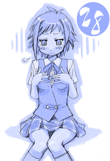 mikami komata, mikami konu, murakami natsumi (negima), mahou sensei negima!, 00s, 1girl, blue theme, breasts, female focus, freckles, grabbing own breast, monochrome, numbered, open mouth, plaid clothes, plaid skirt, sigh, sitting, skirt, solo