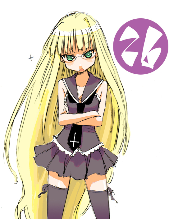 mikami komata, mikami konu, evangeline a.k. mcdowell, mahou sensei negima!, 00s, 1girl, blonde hair, crossed arms, female focus, glasses, long hair, necktie, open mouth, skirt, solo, thighhighs, vampire, very long hair