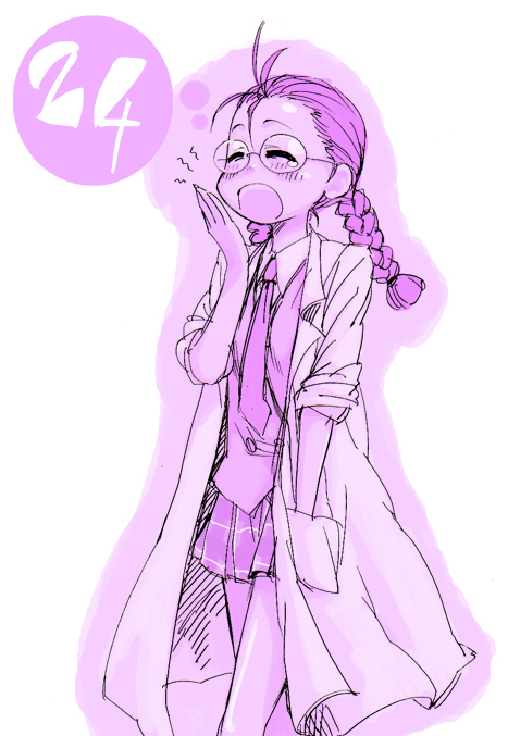 mikami komata, mikami konu, hakase satomi, mahou sensei negima!, 00s, 1girl, closed eyes, female focus, glasses, hand in pocket, lab coat, monochrome, numbered, plaid clothes, plaid skirt, purple theme, skirt, solo, yawning