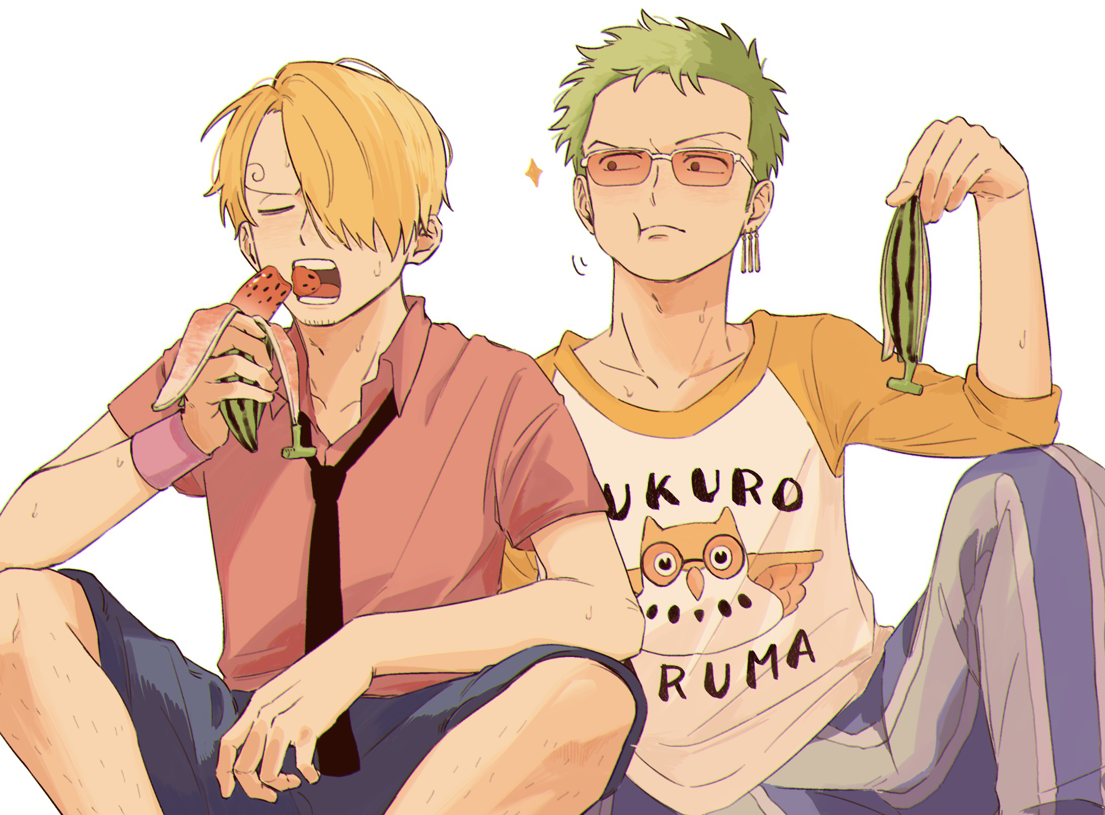 iqracha, roronoa zoro, sanji (one piece), one piece, highres, 2boys, banana, black necktie, blonde hair, chewing, clothes writing, collarbone, curly eyebrows, eating, food, fruit, glasses, green hair, male focus, multiple boys, necktie, orange-tinted eyewear, pink shirt, raglan sleeves, shirt, short hair, sitting, sparkle, sunglasses, tinted eyewear, watermelon