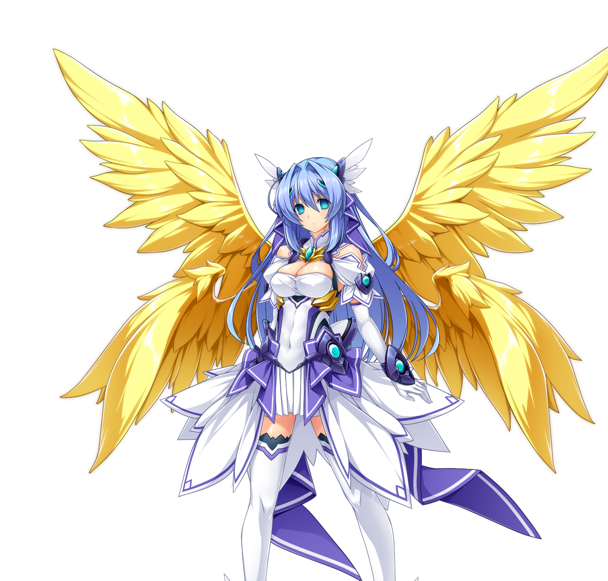 inoino, katsuragi marina, kouyoku senki exs-tia, game cg, large variant set, non-web source, official art, variant set, 1girl, angel wings, aqua eyes, blue eyes, blue hair, breasts, celestia (exs-tia), chest jewel, cleavage, covered navel, dress, elbow gloves, empty eyes, expressionless, feathered wings, gloves, hair ornament, head wings, large breasts, long hair, looking at viewer, multiple wings, solo, standing, thighhighs, transparent background, white dress, white gloves, white thighhighs, wings, yellow wings, zettai ryouiki
