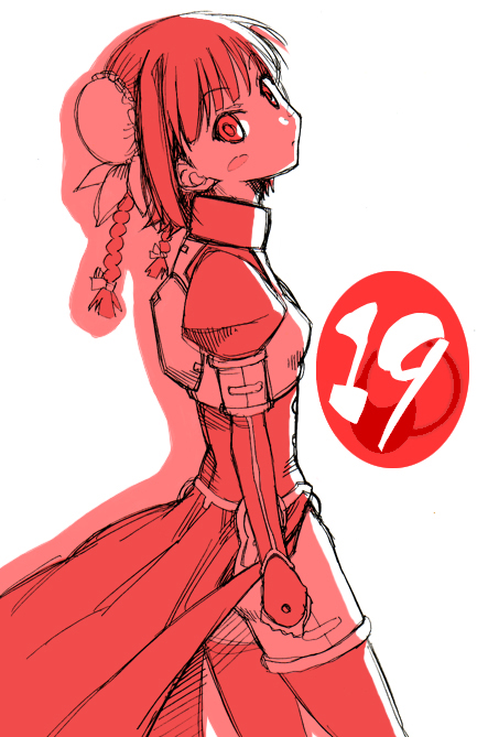 mikami komata, mikami konu, chao lingshen, mahou sensei negima!, 00s, 1girl, bun cover, double bun, female focus, hair bun, monochrome, numbered, red theme, solo